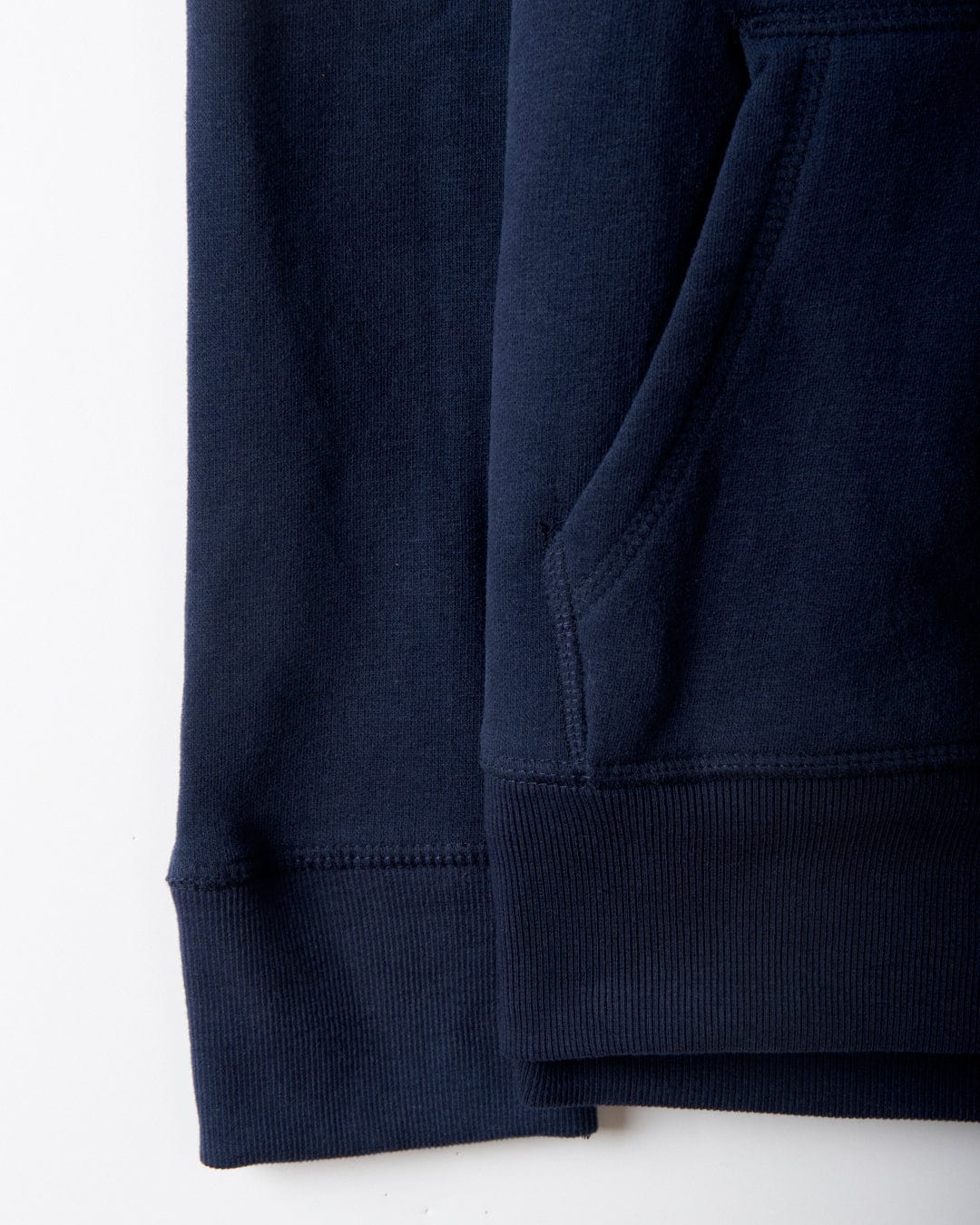 Close-up of the sleeve and pocket detail of the Aztec Mountain Women's Zip Hoodie in blue on a white background, showcasing Saltrock branding for an authentic touch.