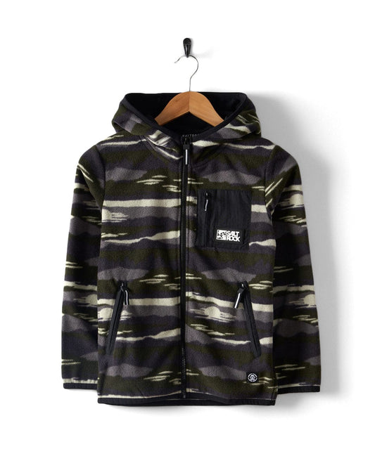 The Saltrock Camo Stripe - Kids Recycled Micro Fleece in green, featuring a front zipper and zip pockets, hangs on a wooden hanger against a white background.