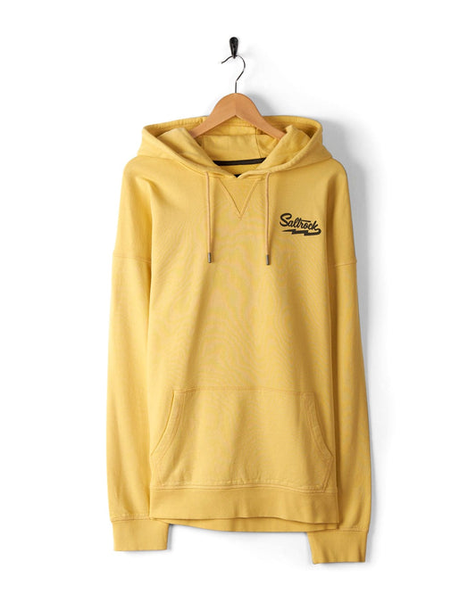 Gas Station - Recycled Mens Pop Hoodie - Yellow with a front pocket, crafted from recycled polyester, hanging on a wooden hanger against a white background.
