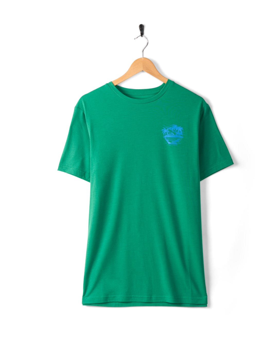 A Geo Palms Solid - Mens Recycled Hybrid T-Shirt - Green by Saltrock, made from recycled material with a small blue palm tree graphic on the left chest, hanging on a wooden hanger against a white background.