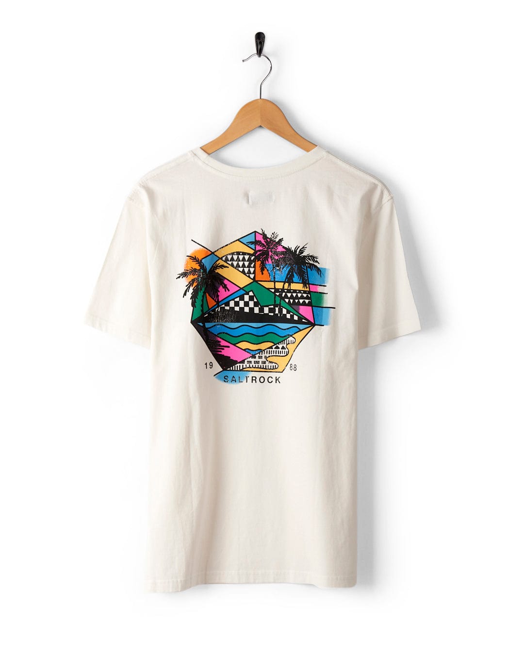 Geo Palms - Mens T-Shirt - White on a hanger with vibrant Saltrock graphics showcasing palm trees, mountains, waves, and the text 