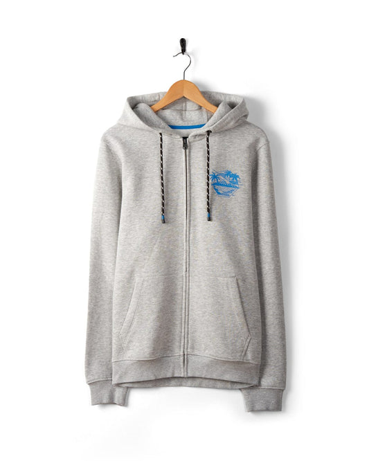 A Geo Palms - Mens Recycled Zip Hoodie - Grey made from recycled materials hangs on a wooden hanger, featuring vivid Palm graphics and subtle Saltrock branding on the chest.