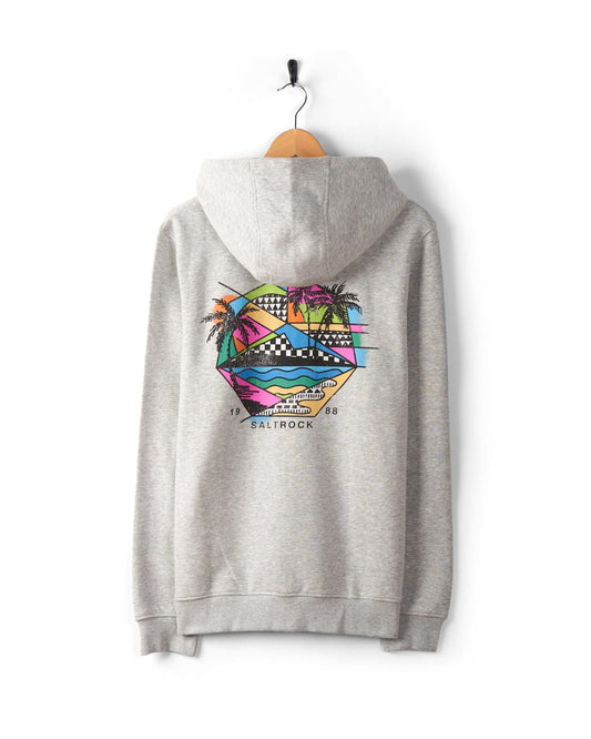 Grey marl effect hoodie called "Geo Palms - Mens Recycled Zip Hoodie - Grey" by Saltrock with colorful beach scene graphic featuring palm trees, waves, and mountains on the back, hung on a wooden hanger against a white background. Text "Saltrock 1988" is visible.