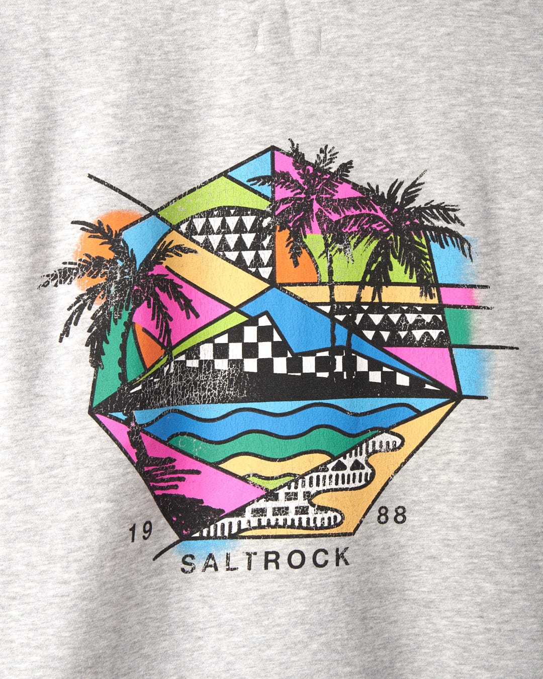 A colorful geometric design on a gray fabric features palm trees, waves, and patterned shapes with "Saltrock" and "1988" written below. The stylish Geo Palms - Mens Recycled Zip Hoodie - Grey also showcases distinct Palm graphics while highlighting Saltrock branding.