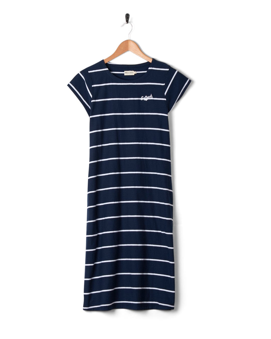 A Saltrock Hartland Cap - Womens Dress - Navy with a crew neckline, hanging on a hanger.