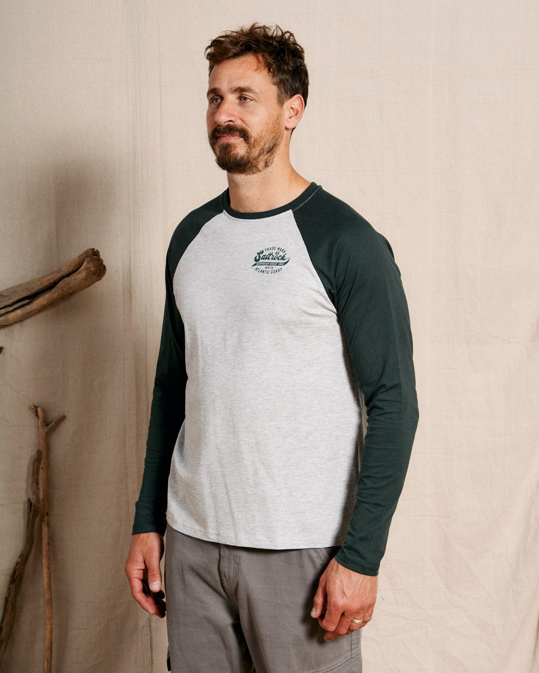 Home Run - Mens Long Sleeve T-Shirt - Grey/Green