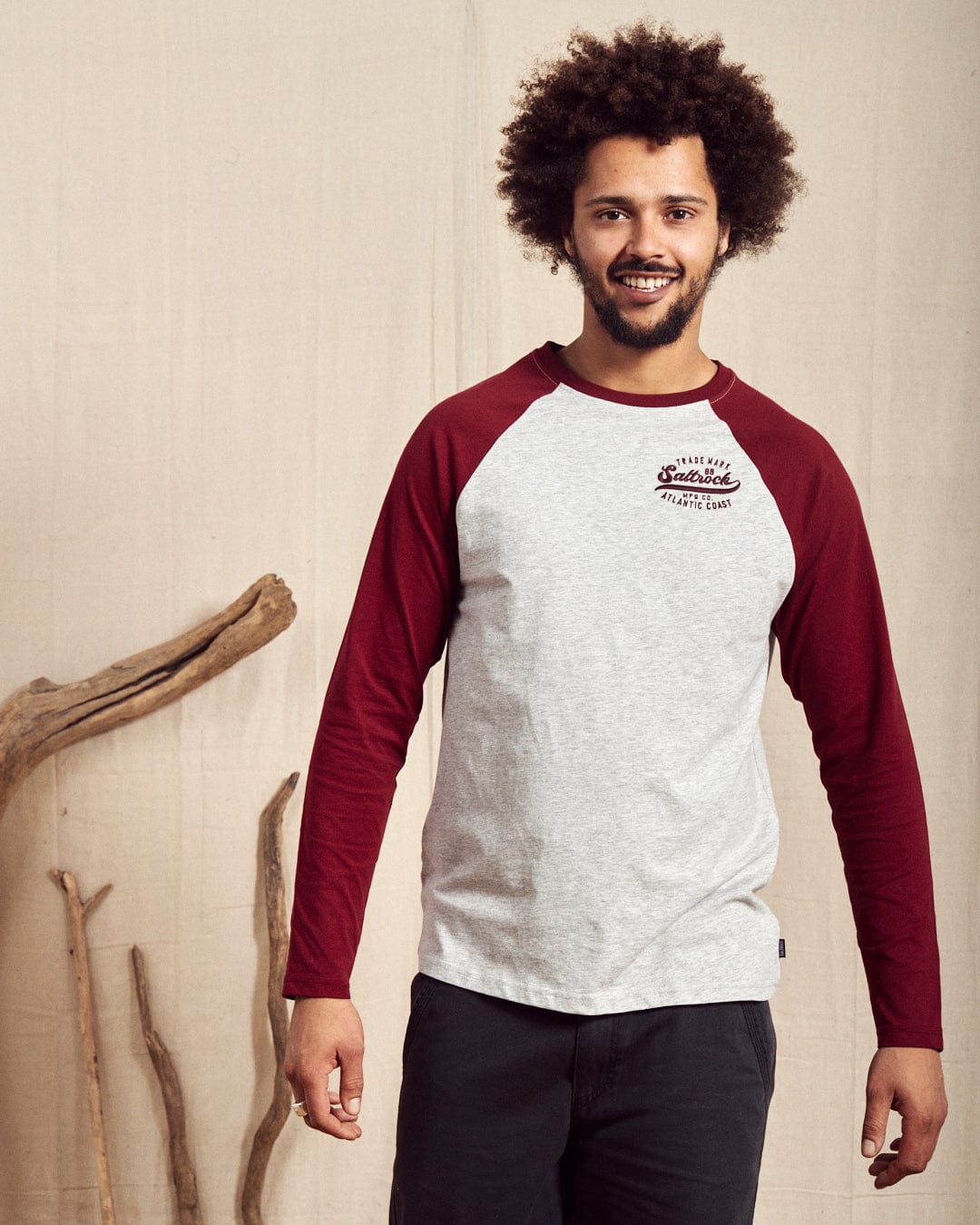 Home Run Raglan - Mens Long Sleeve T-Shirt - Red/Grey