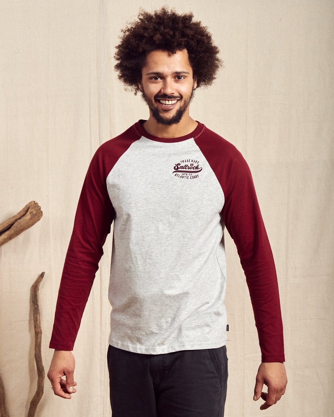 Home Run Raglan - Mens Long Sleeve T-Shirt - Red/Grey