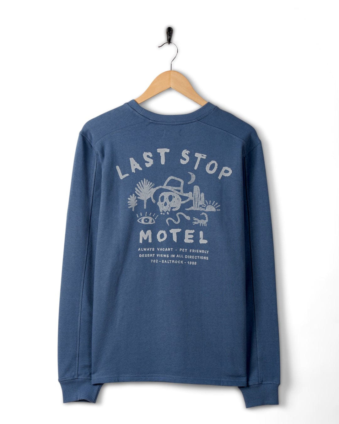 Last Stop Motel - Recycled Mens Sweatshirt - Blue made of peached soft material with 