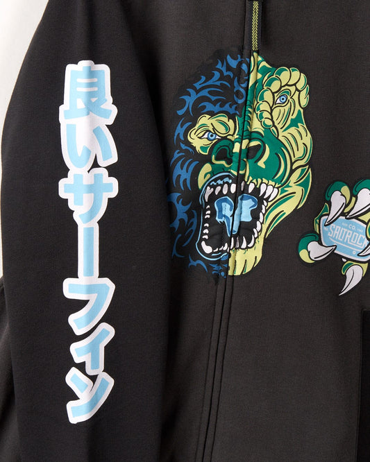 Close-up of a black jacket featuring a roaring creature graphic and Japanese text on the sleeve, crafted from recycled materials. The product shown is the Saltrock Las Vegas Smackdown - Recycled Oversized Kids Zip Hoodie - Black.