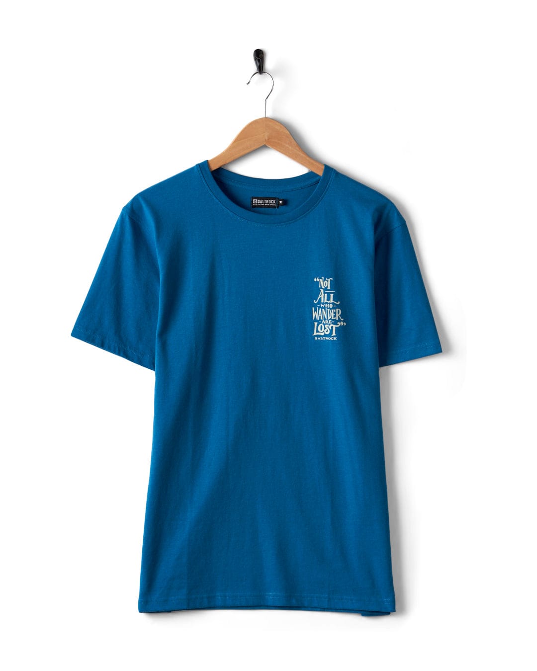 The Saltrock "Lost Ships" blue T-shirt, made of 100% cotton, features the classic message "Not All Who Wander Are Lost," inspiring an adventurous spirit.