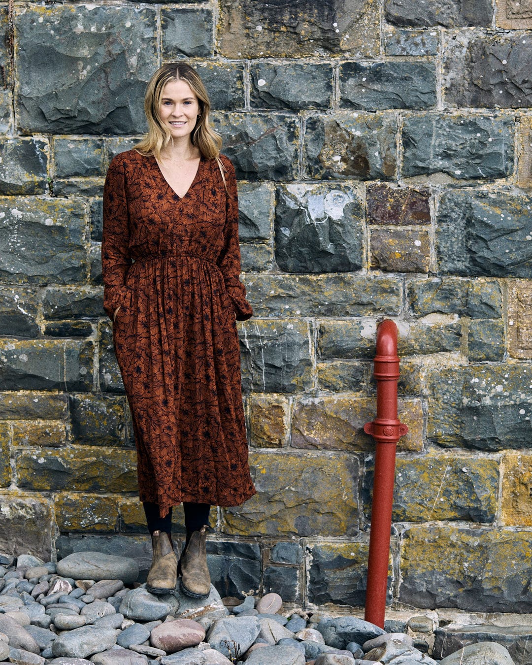 Lowry - Midi Floral Dress - Dark Orange