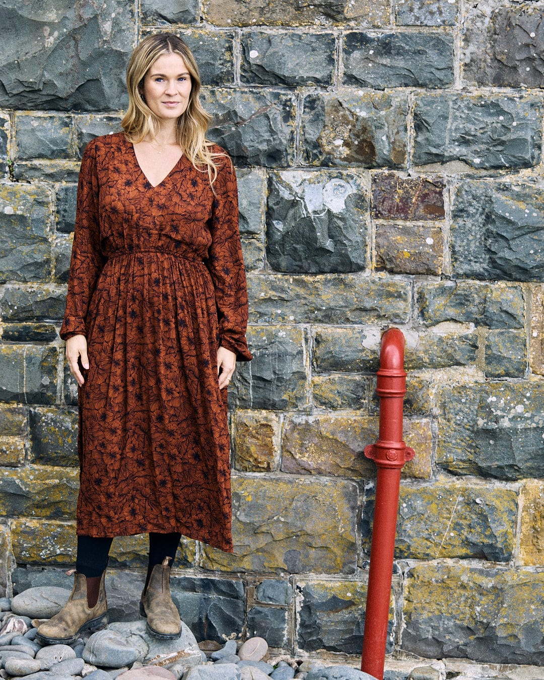 Lowry - Midi Floral Dress - Dark Orange