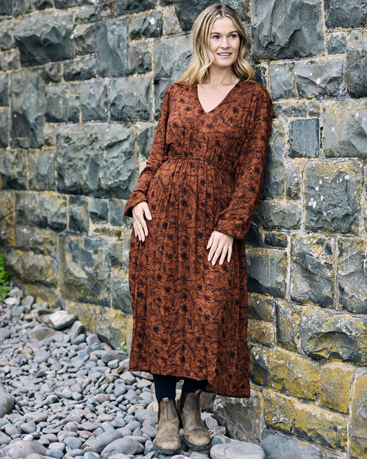 Lowry - Midi Floral Dress - Dark Orange