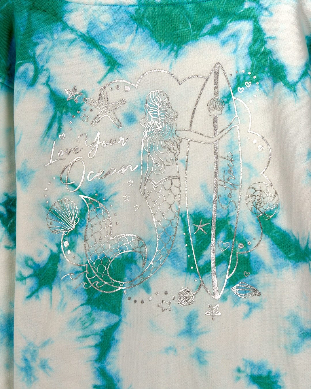 Mermaid Surf - Kids Tie Dye Pop Hoodie - Turquoise/White from Saltrock, including the phrase "Love Your Ocean" in decorative script.
