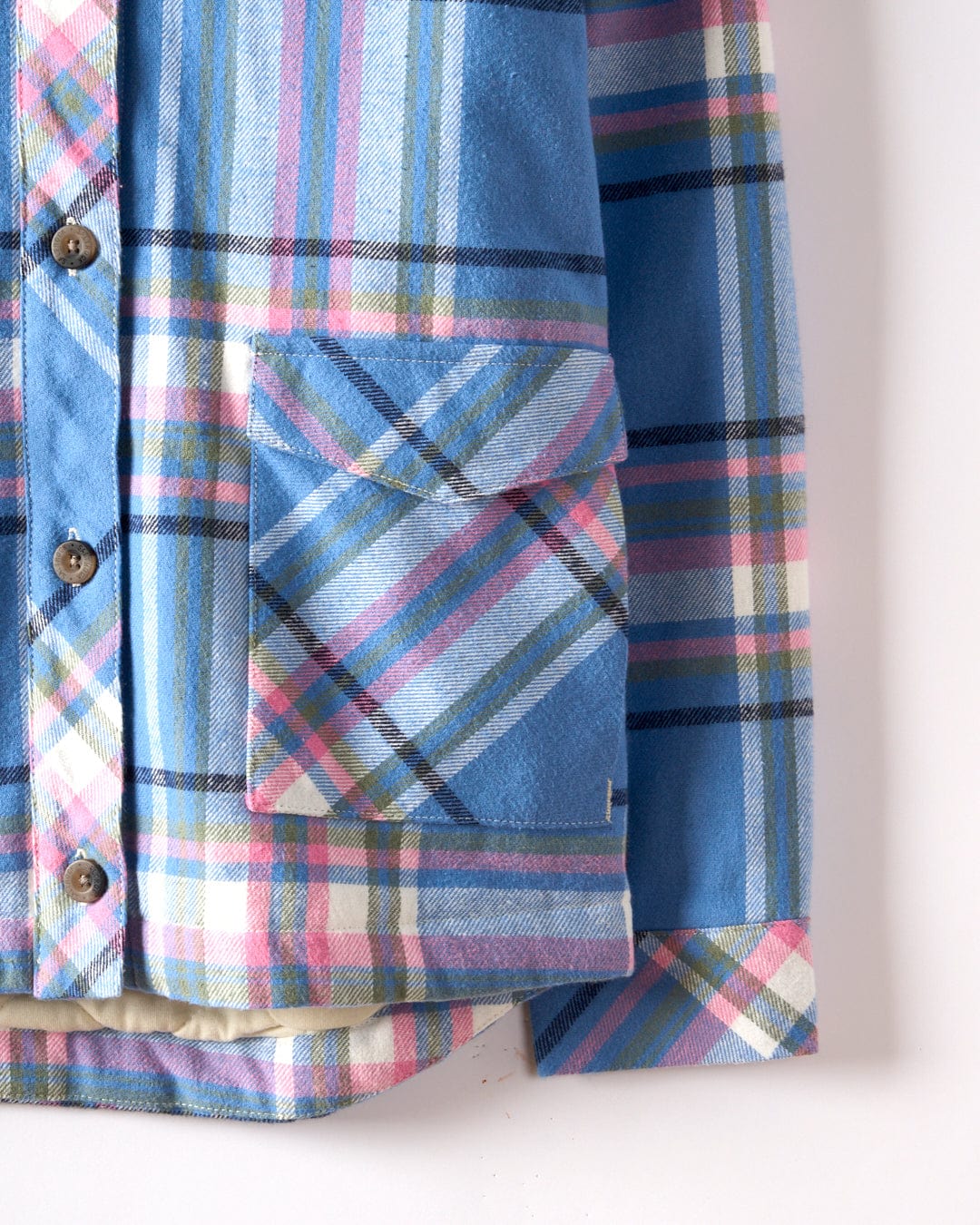 Close-up of the Saltrock Myla Kids Hooded Shacket in blue check plaid with pink, white, and black stripes, featuring buttons and a pocket.