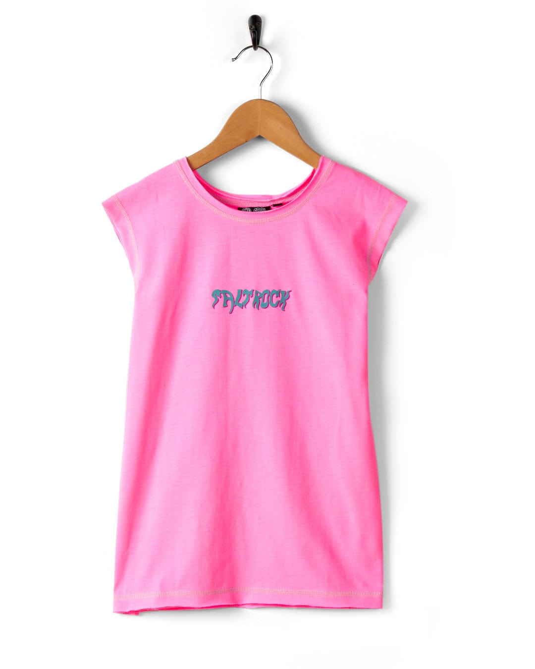 A pink Mystic Skulls - Recycled Kids Longline Vest with the word "FEMINIST" in blue print, hanging on a wooden hanger against a white background.