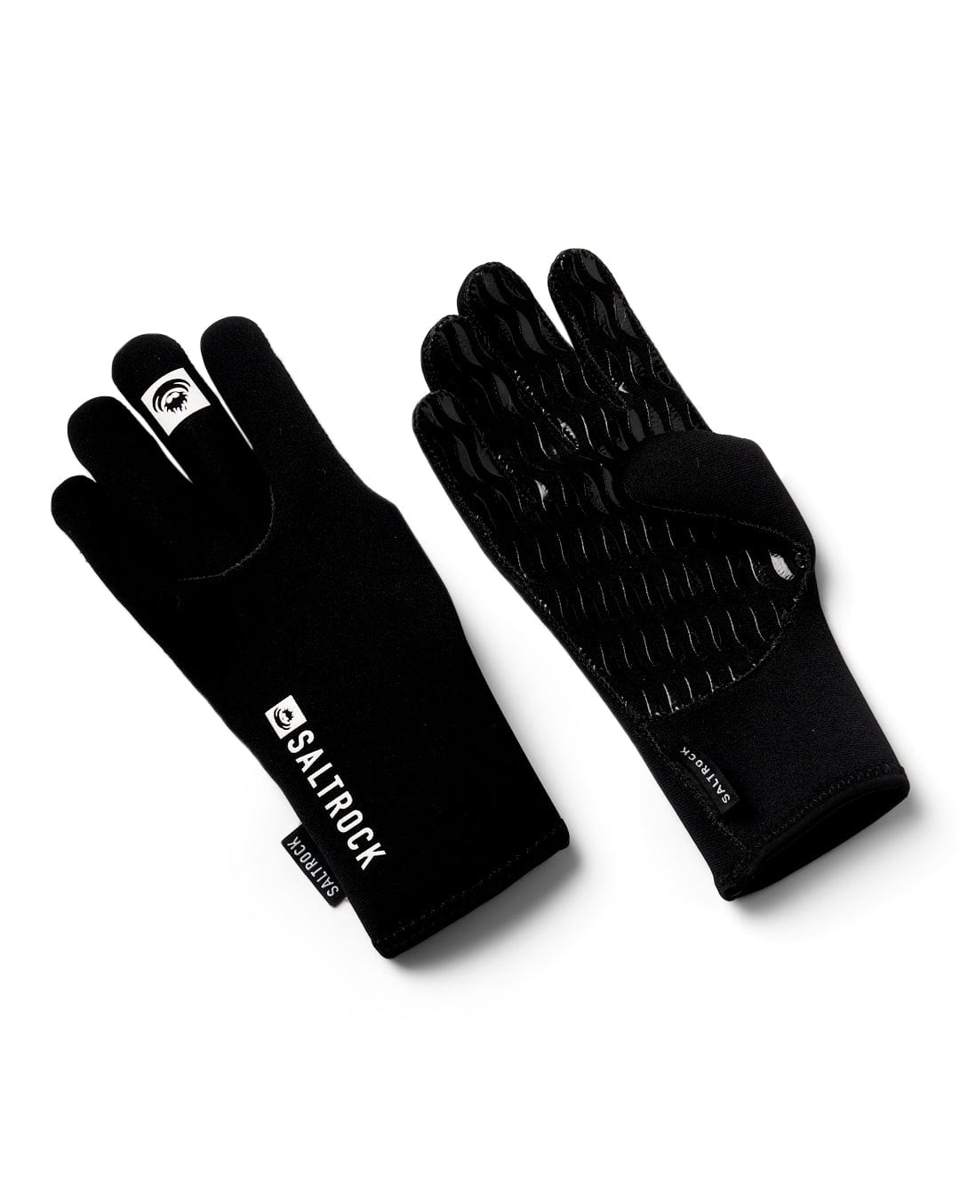 The Neoprene Technical Cold Water Gloves by Saltrock are black gloves featuring the brand logo on one glove and a palm grip texture.