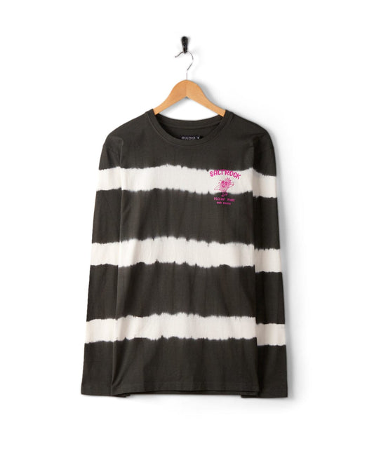 A long-sleeve, grey and white striped Pine And Sandy - Mens Long Sleeve T-Shirt - Grey/White with a pink graphic on the chest, hung on a wooden hanger against a white background. Made from 100% cotton, this stylish piece also features Saltrock branding for that extra touch.