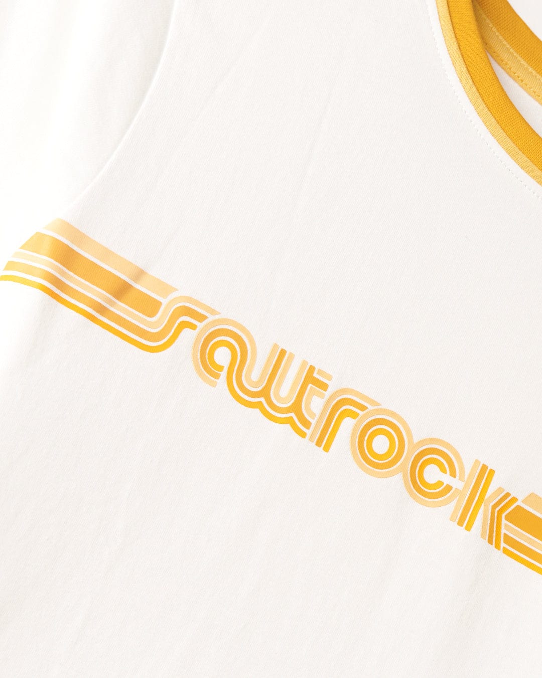 Close-up of a Saltrock Retro Ribbon - Womens Shorts Sleeve T-Shirt - White with the text 