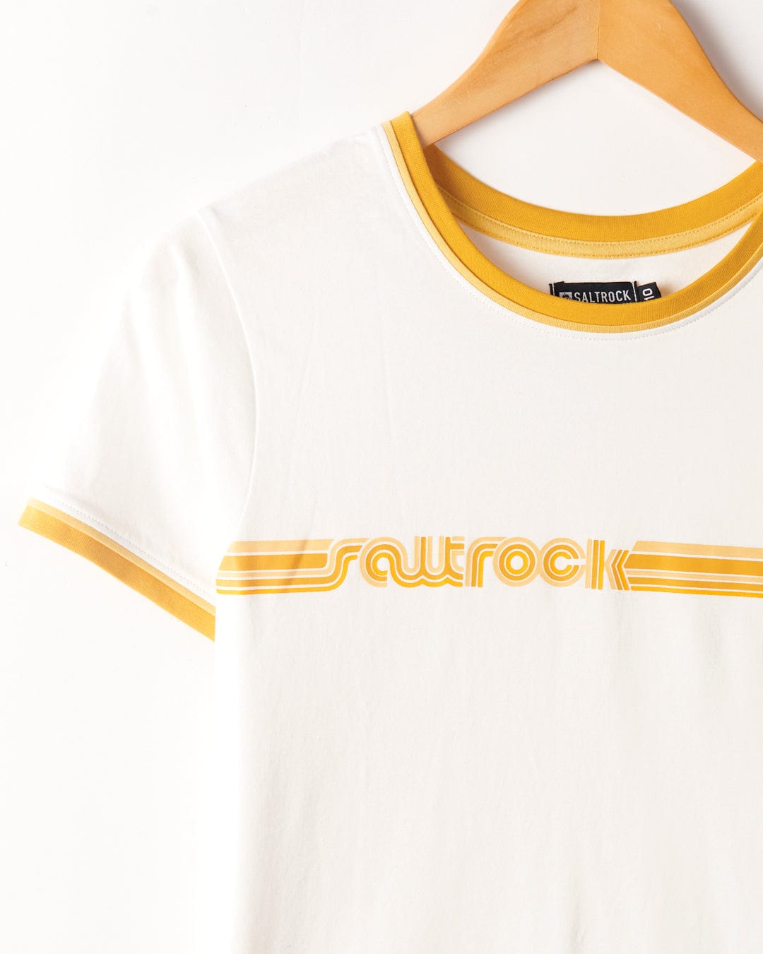 Saltrock's Retro Ribbon - Womens Shorts Sleeve T-Shirt in White with retro stripes and the word 