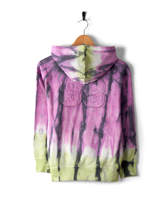A Rock Valley - Pop Hoodie - Multi in vibrant purple and green hues, displaying the number 88 on the back, hangs on a wooden hanger with a hook. Made from 100% Cotton, it features Saltrock branding for an authentic touch.