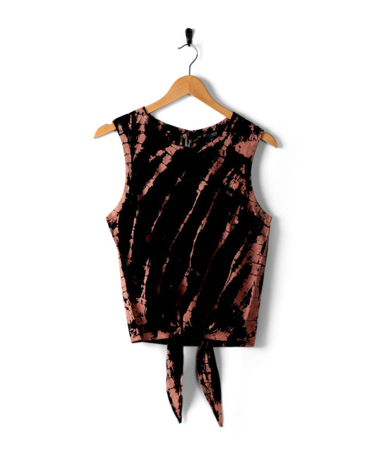 A Saltrock Saffron - Womens Tie Front Vest - Black is displayed on a wooden hanger against a plain white background. Made from lightweight material, the top features black and pink diagonal streaks and is machine washable for easy care.