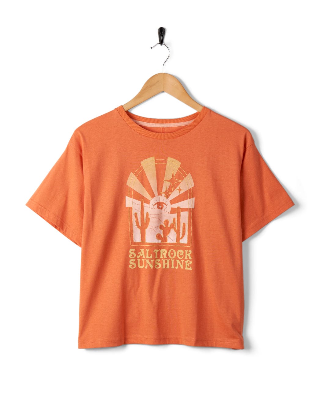 Saltrock Sunshine - Recycled Womens Cropped T-Shirt - Orange with a boxy relaxed fit, featuring mystic desert sunset graphics of cacti and the words 