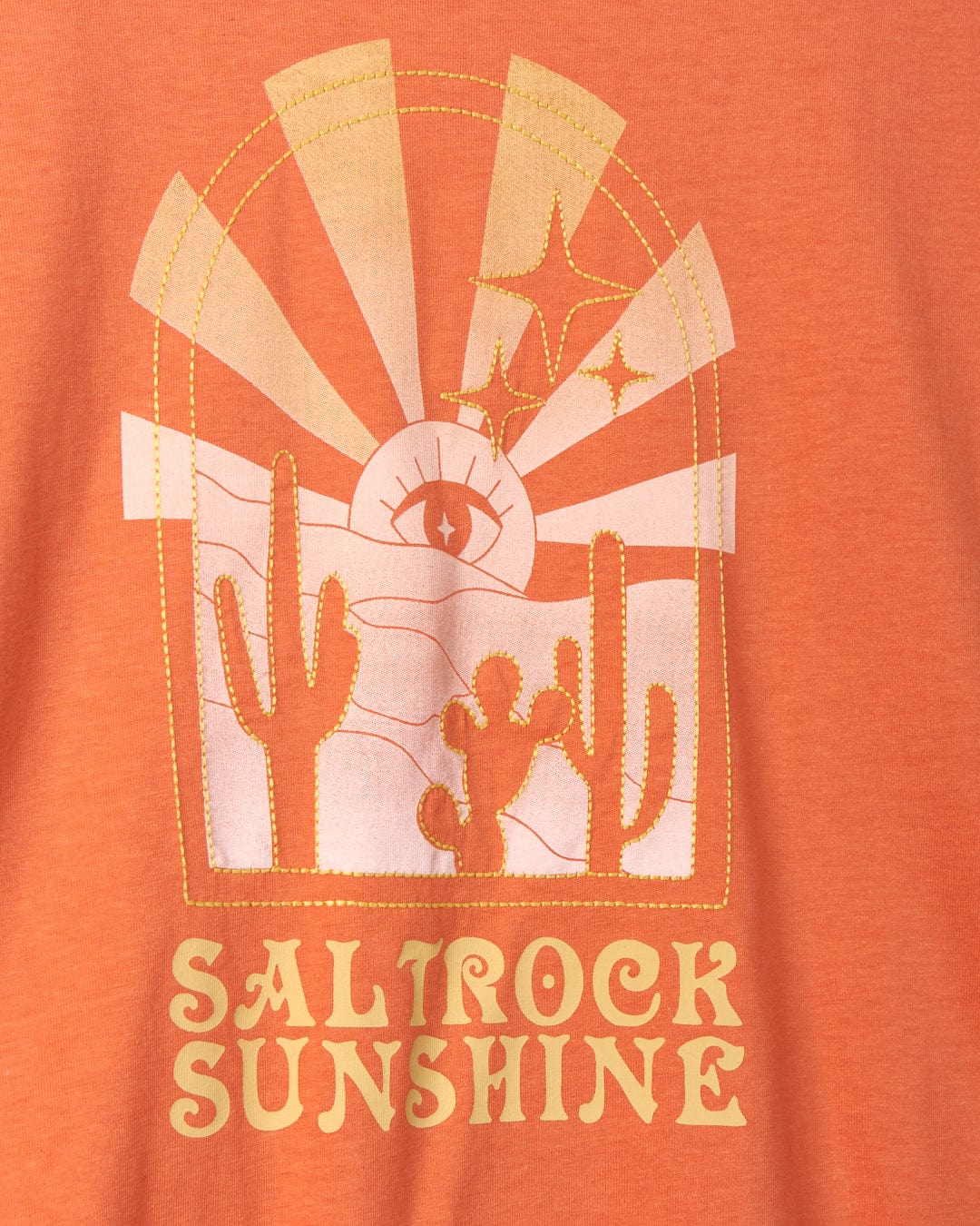 An orange graphic T-shirt featuring a mystic desert sunset design with cacti, stars, and the text "Saltrock Sunshine," complete with Saltrock branding on a boxy, relaxed fit.

Product Name: Saltrock Sunshine - Recycled Womens Cropped T-Shirt - Orange
Brand Name: Saltrock
