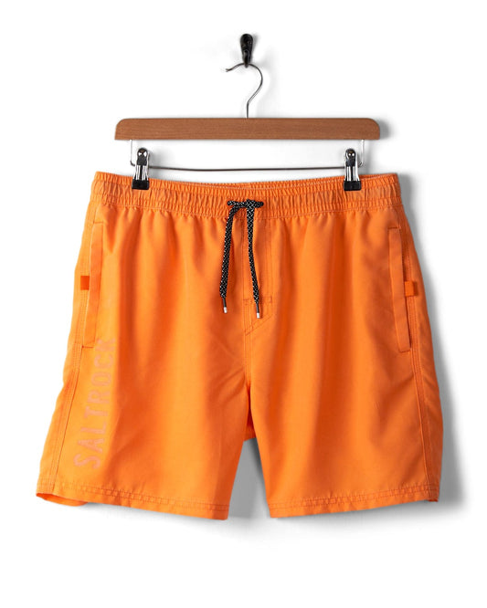 Sinns - Mens Swimshorts - Orange on a wooden hanger featuring a black and white rope-style drawstring, an elasticated waist, and a small text detail on the left leg showcasing Saltrock branding.