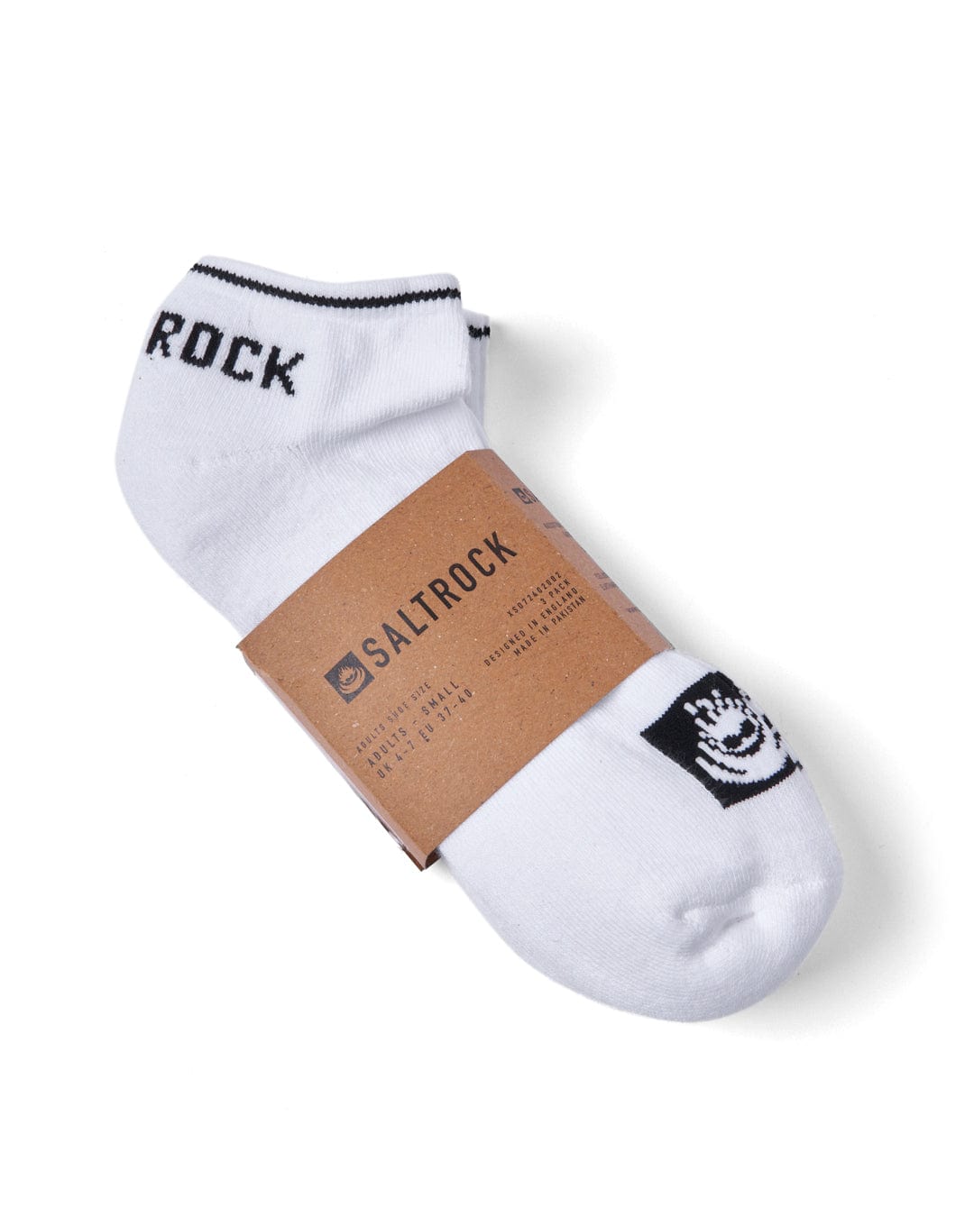 A pair of Sneaker - Ankle Socks - White with black trim and Saltrock branding, packaged with a brown cardboard band labeled "Saltrock".