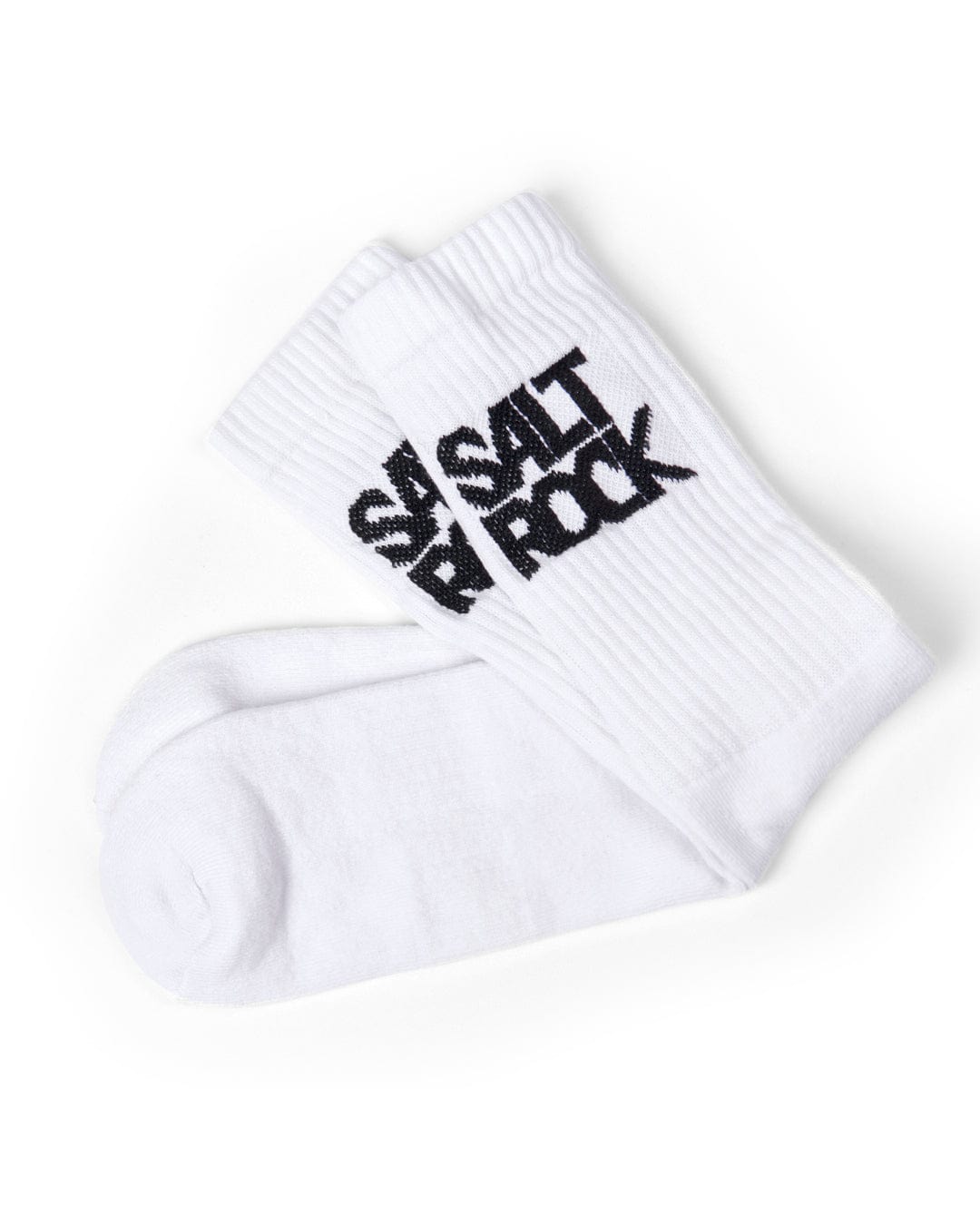 A pack of Athletic 3 Pack of Socks - White, featuring Saltrock branding in bold black letters on the side, crafted from ribbed thick warm material and designed to be mid-calf length.