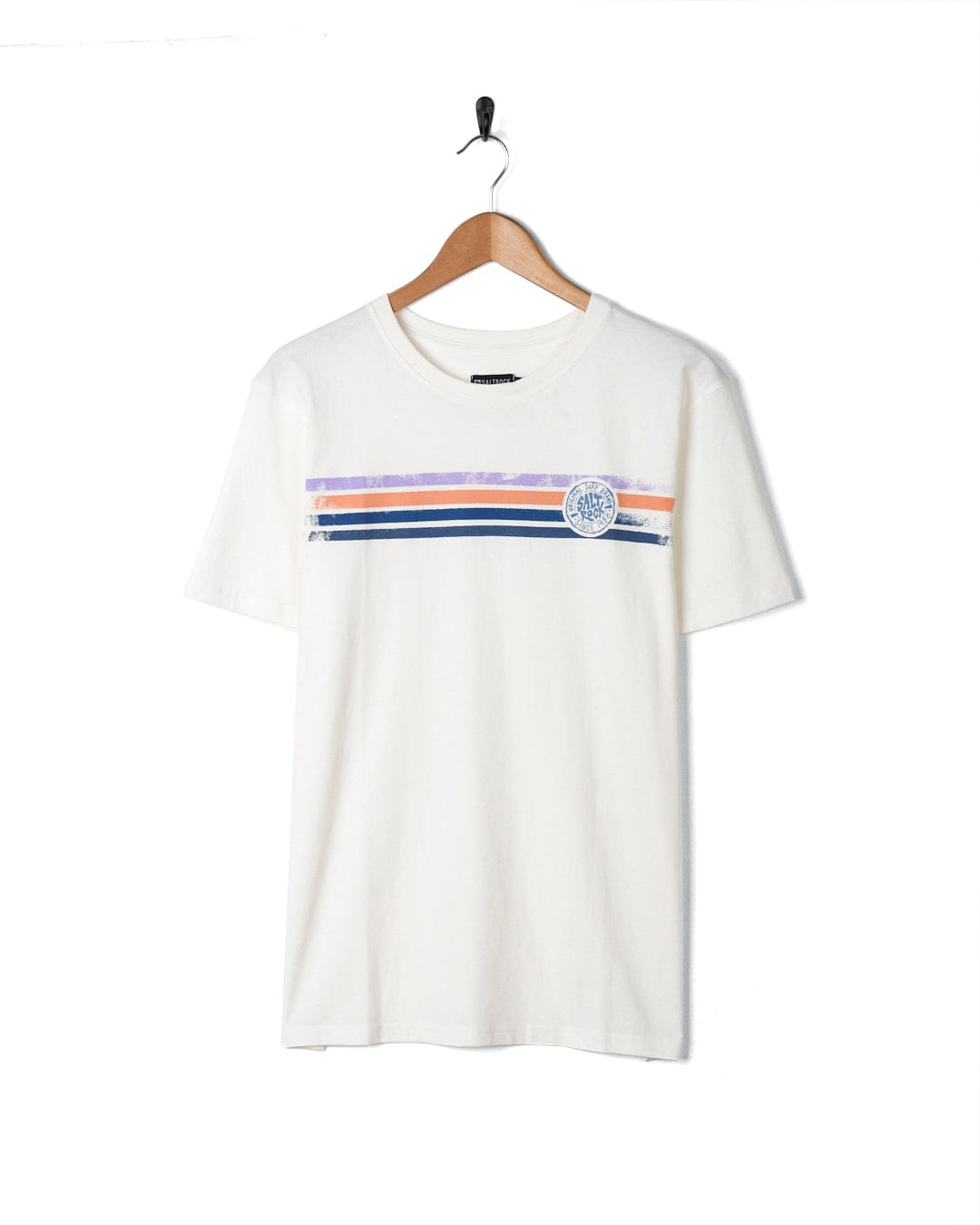 Spray Stripe - Mens Short Sleeve T-Shirt - White on a wooden hanger, featuring a varsity-style design with horizontal stripes in blue, red, and white across the chest, and a small circular Saltrock branding logo on the left side. Made from 100% cotton for ultimate comfort.