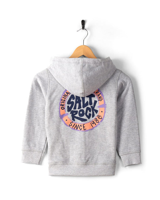 Grey hoodie featuring a circular "Saltrock" logo and the text "Original Brand Since 1988" on the back, hanging on a wooden hanger against a white background. The hoodie is the SR Original - Kids Zip Hoodie - Grey by Saltrock.