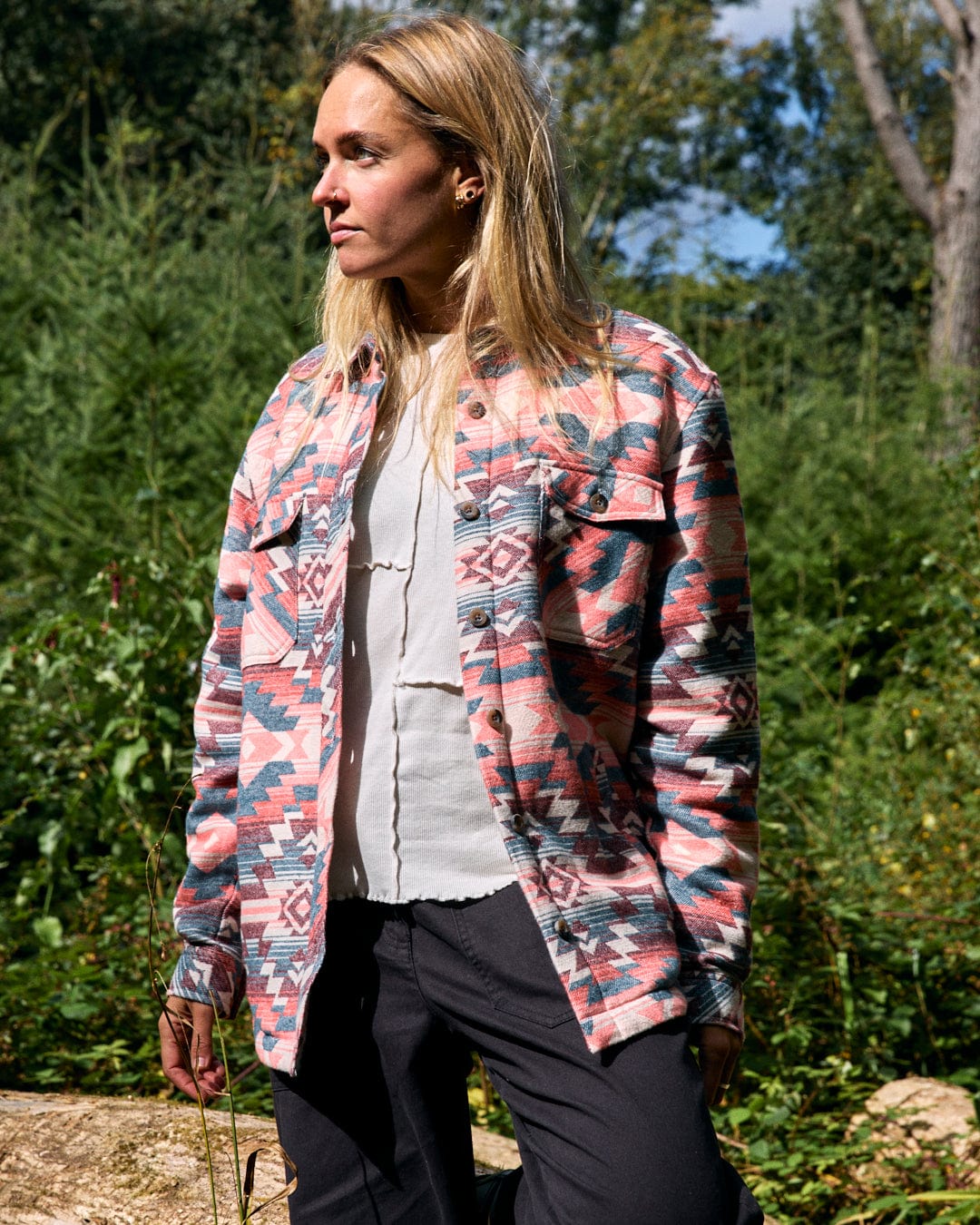 Stella Aztec - Recycled Sherpa Lined Shacket - Pink