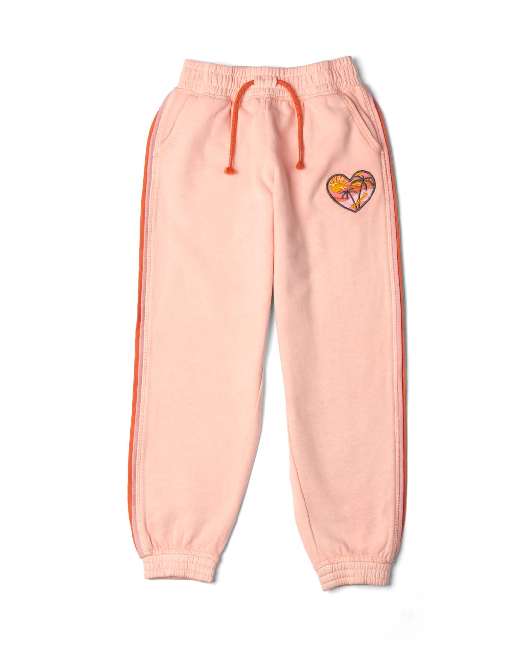 Saltrock's Sunshine State - Kids Joggers - Peach feature orange drawstrings, orange side stripes, and a heart graphic on the left thigh. With an elasticated waistband and elastic cuffs at the ankles, these 100% cotton joggers ensure a soft hand feel for ultimate comfort.