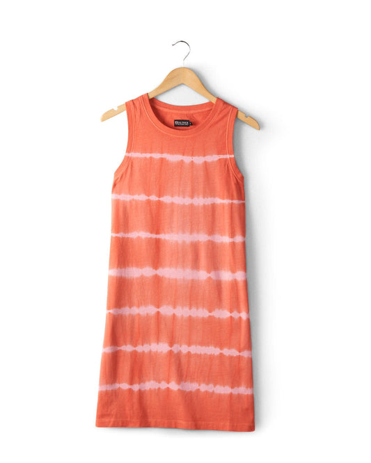 A Saltrock Eliana - Womens Tie Dye Vest Dress - Peach with hidden side pockets, displayed on a wooden hanger against a white background.