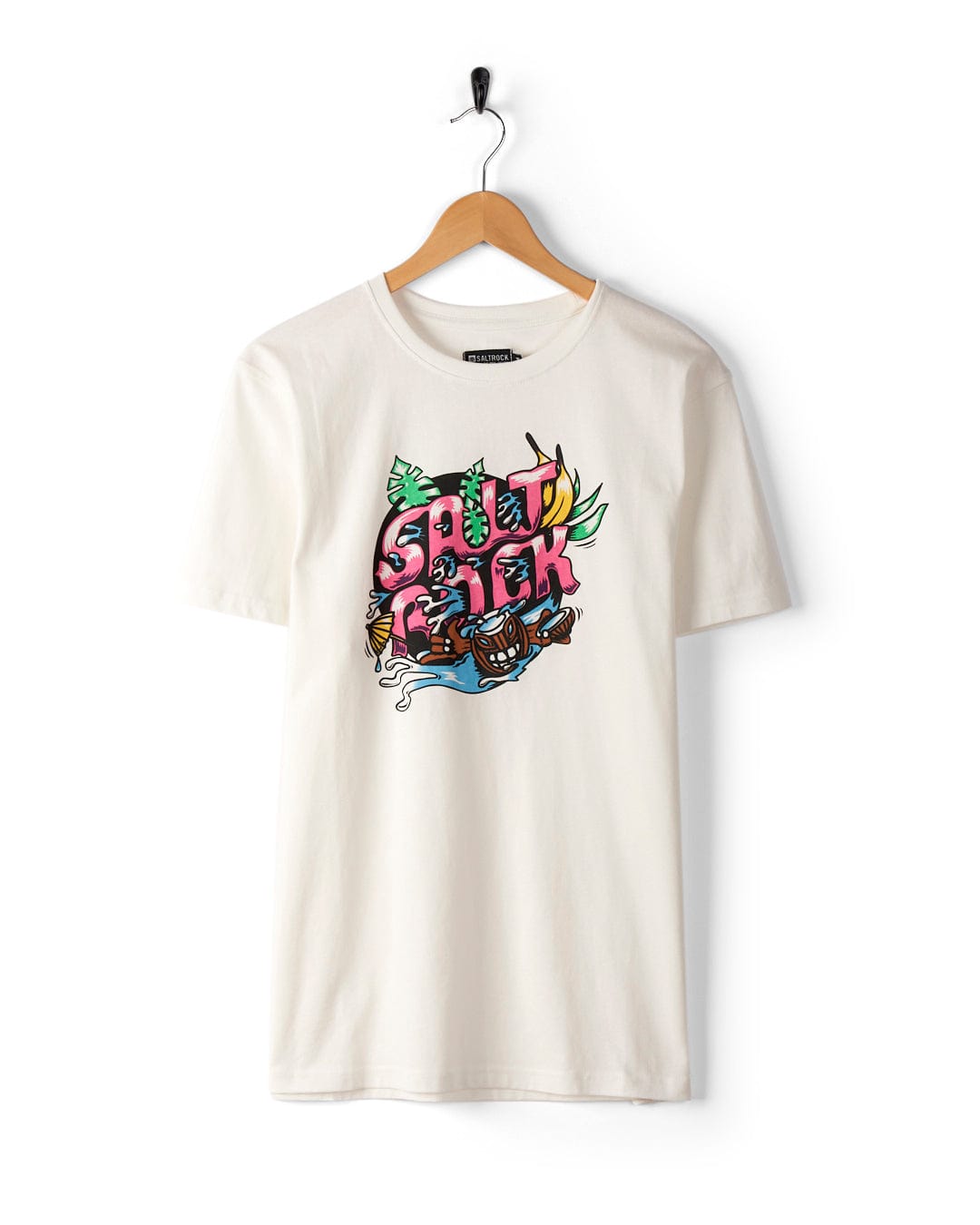 A white T-shirt made from 100% cotton features a colorful graphic design and the words "Tahiti - Mens Short Sleeve T-Shirt - White" printed on the front. Hung on a wooden hanger against a clean white background, this piece channels that laid-back Saltrock vibe.