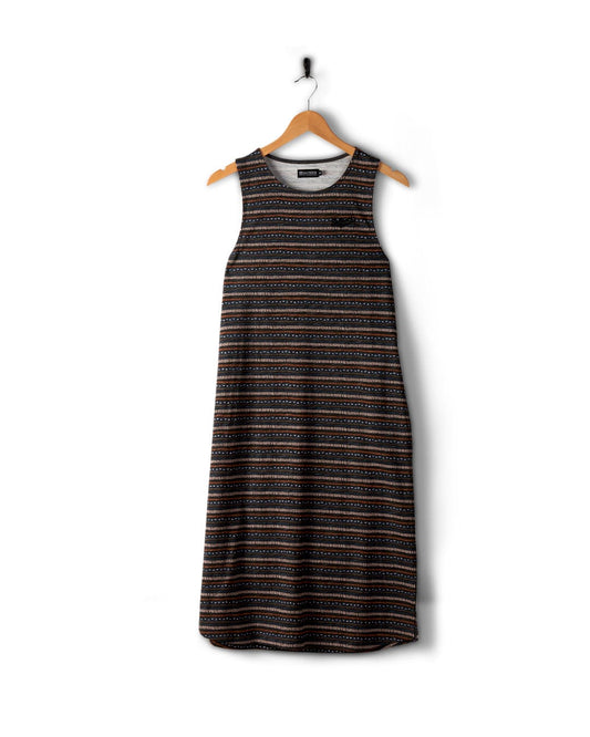 A Tribal Stripe - Womens Midi Dress - Grey by Saltrock, featuring horizontal stripes and a small geometric print, hanging on a wooden hanger against a white background.