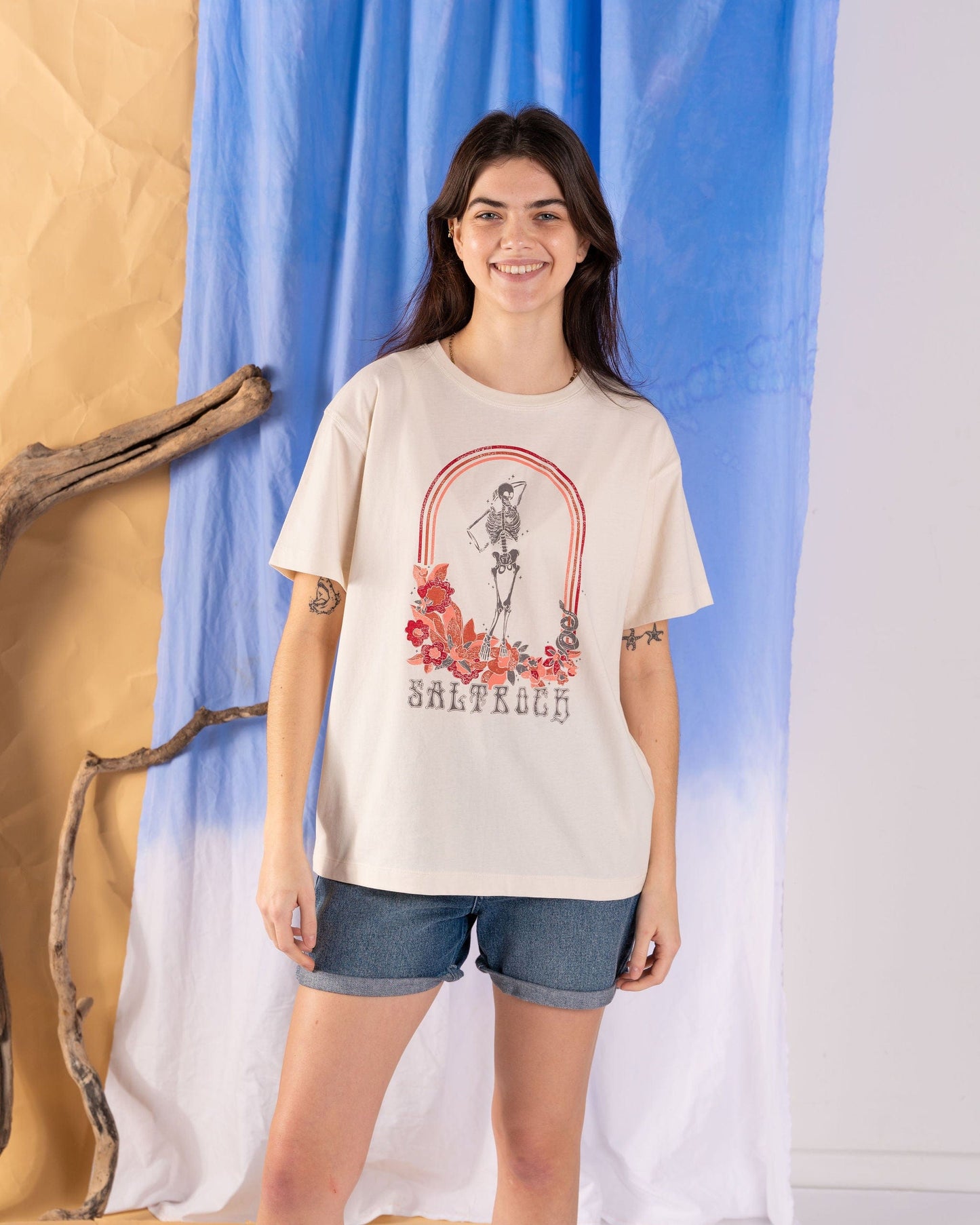 Floral Skelly - Womens Short Sleeve T-Shirt - Cream