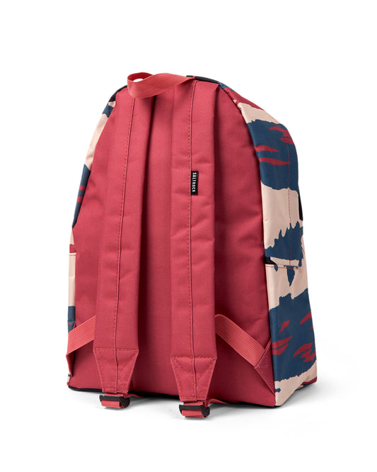 A blue and multicolored camo-patterned backpack with shoulder straps and a handle on top, featuring Saltrock branding and a water-resistant laptop sleeve.