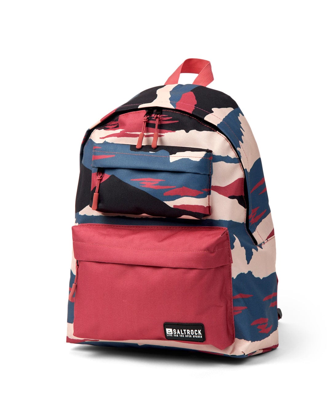 A blue camo-patterned backpack with a front pocket and two zippered compartments, featuring the "Saltrock" brand label on the front pocket. This stylish and practical Saltrock Uni backpack offers a water-resistant laptop sleeve.