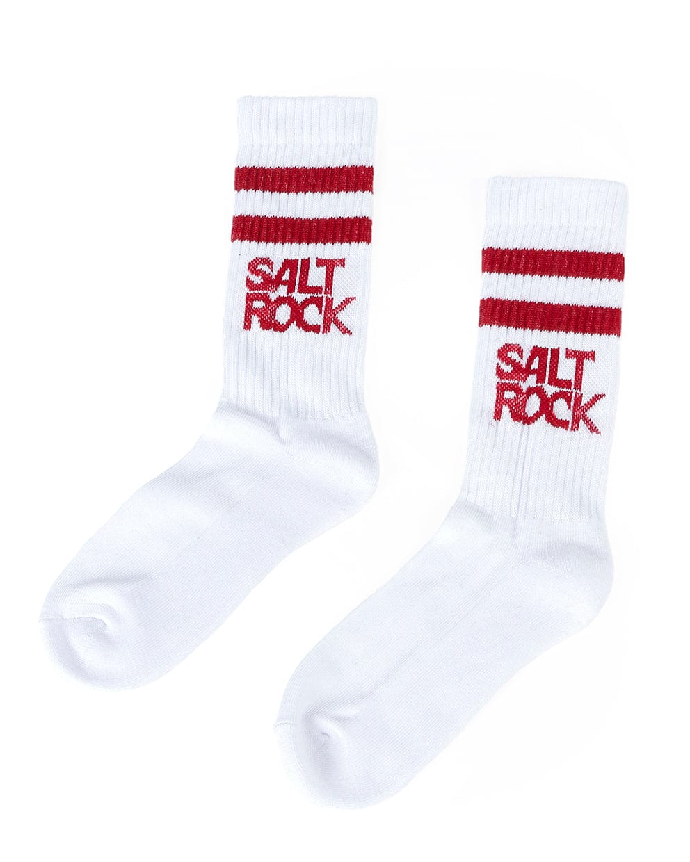 A pair of Varsity - Kids 3 Pack Socks - White featuring two red stripes at the top, crafted from ribbed thick warm material for ultimate comfort, and proudly showcasing "Salt Rock" embroidered in red letters. Perfect for those who appreciate cozy, mid-calf length socks with distinctive Saltrock branding.