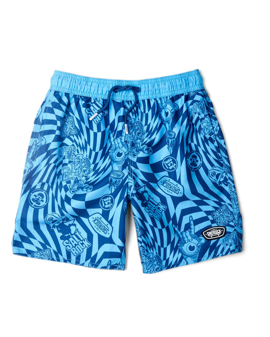 A pair of Warp Icon - Kids Swimshorts - Blue with an elasticated waist and drawstring, featuring an eclectic pattern of geometric prints and adorned with a Saltrock badge.