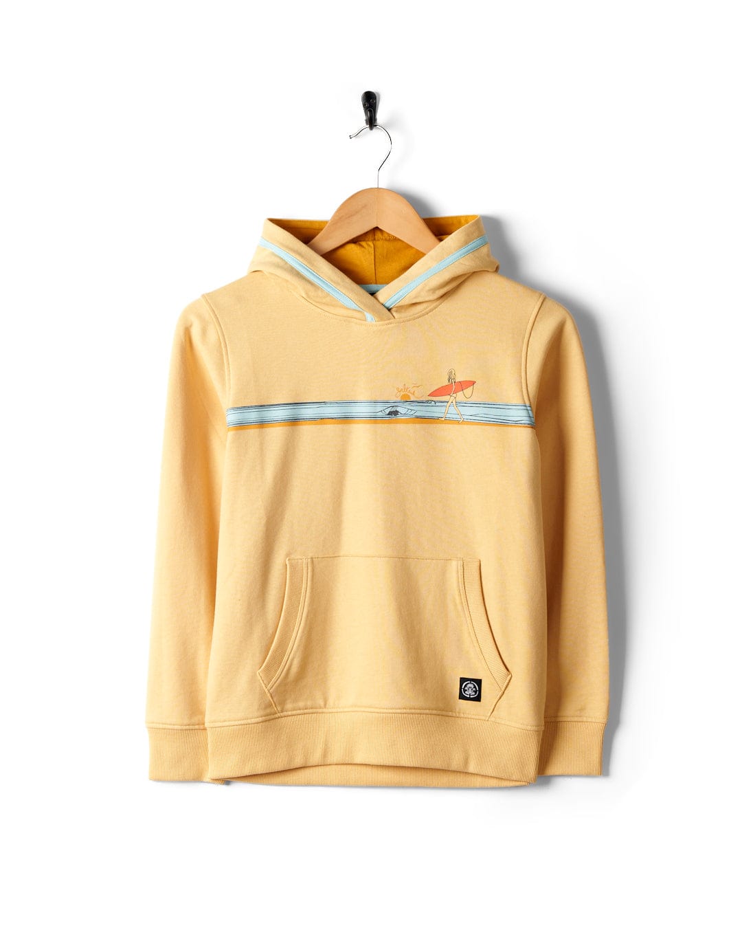 Yellow Saltrock Waveline - Kids Pop Hoodie with a kangaroo pocket and hood, featuring a graphic design, machine washable, hanging on a hook against a white background.