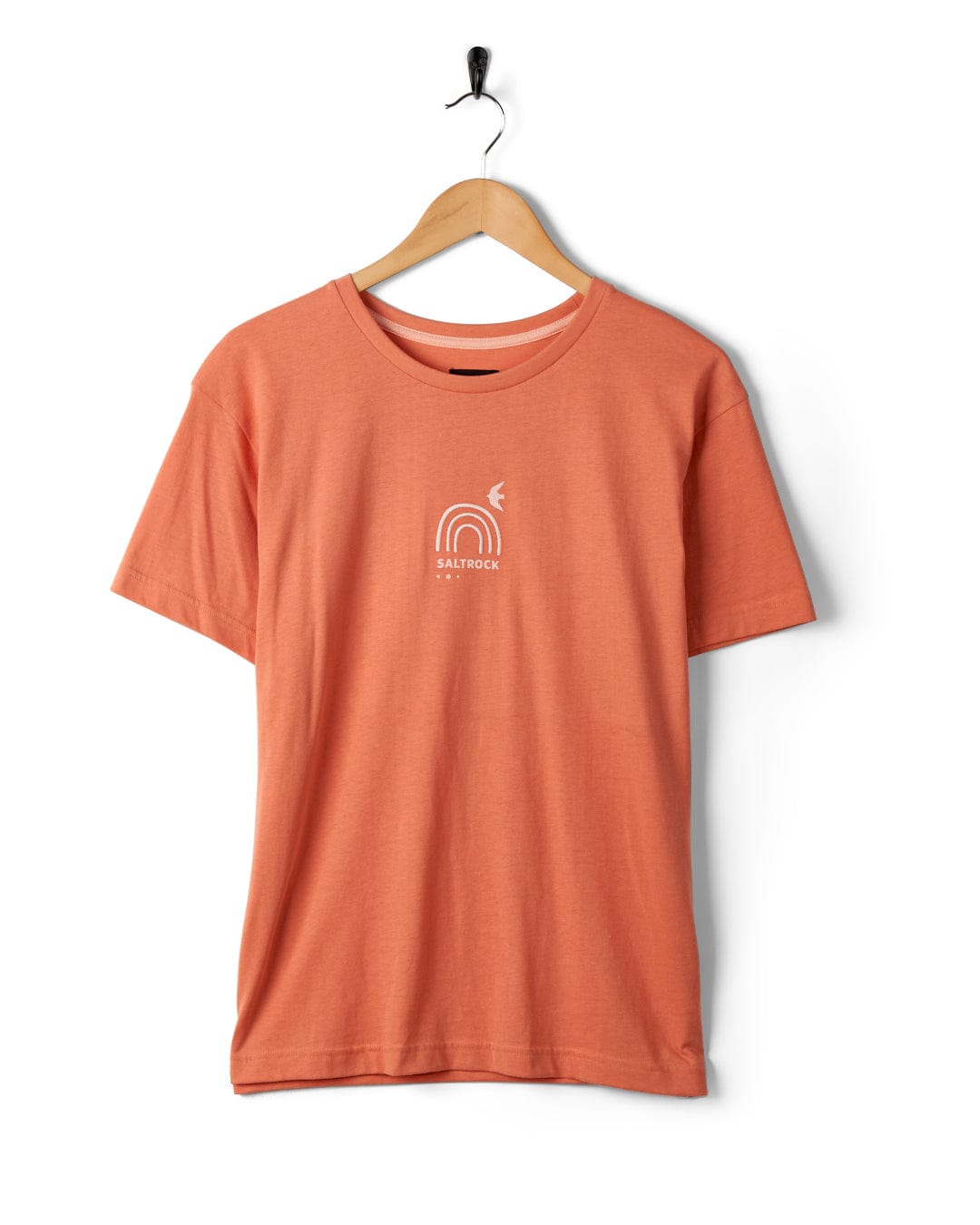 Saltrock Journey - Recycled Womens Short Sleeve T-Shirt in Peach with an embroidered circular logo on the chest, displayed on a wooden hanger against a white background.